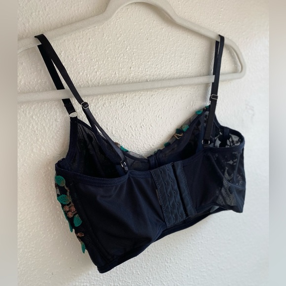 Black Mesh Longline Bralette with Green & Gold Embroidery (L) - Picture 7 of 8